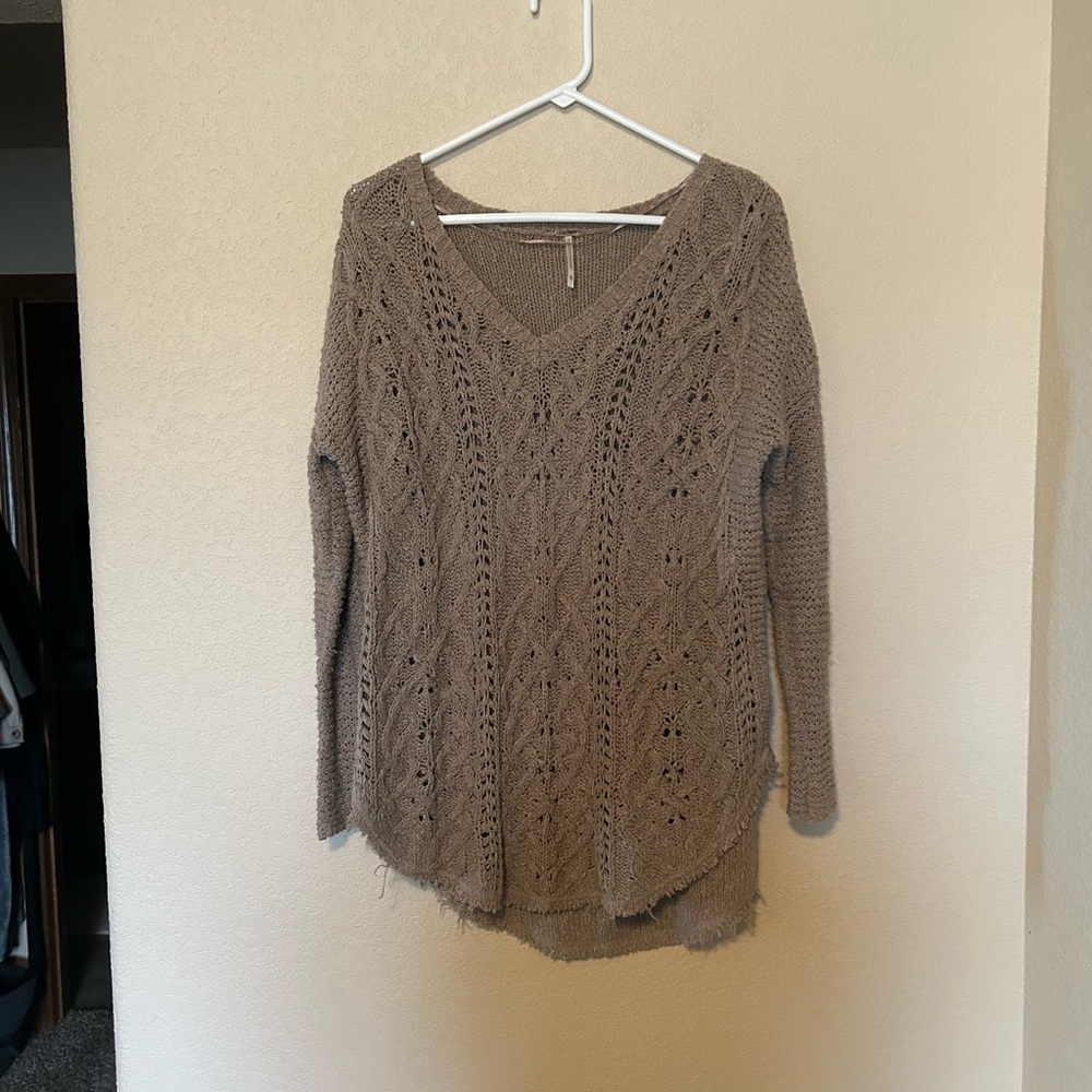 Free People Cross My Heart Cable Knit Slouchy Fit Raw Hem Sweater XS Boho